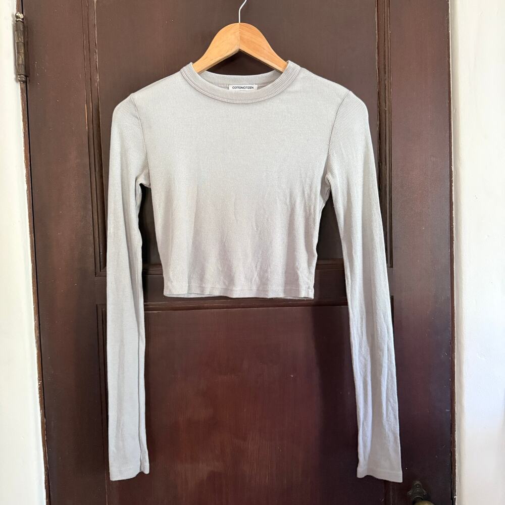 COTTON CITIZEN | Gray Soft Ribbed Cropped Long Sleeve Crew Neck Tee Shirt | XS